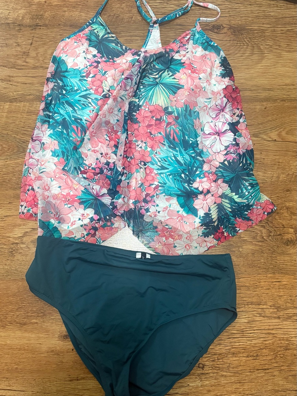 Beach housFloral Tankini Swim Set - Pink & Teal Floral Top with Dark Teal Bottom